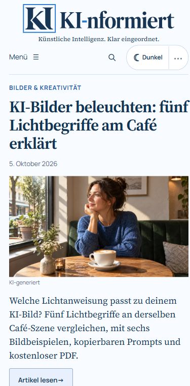 KI-nformiert: echter Ausschnitt der mobilen Startseite mit Artikel und gekennzeichnetem KI-Bild