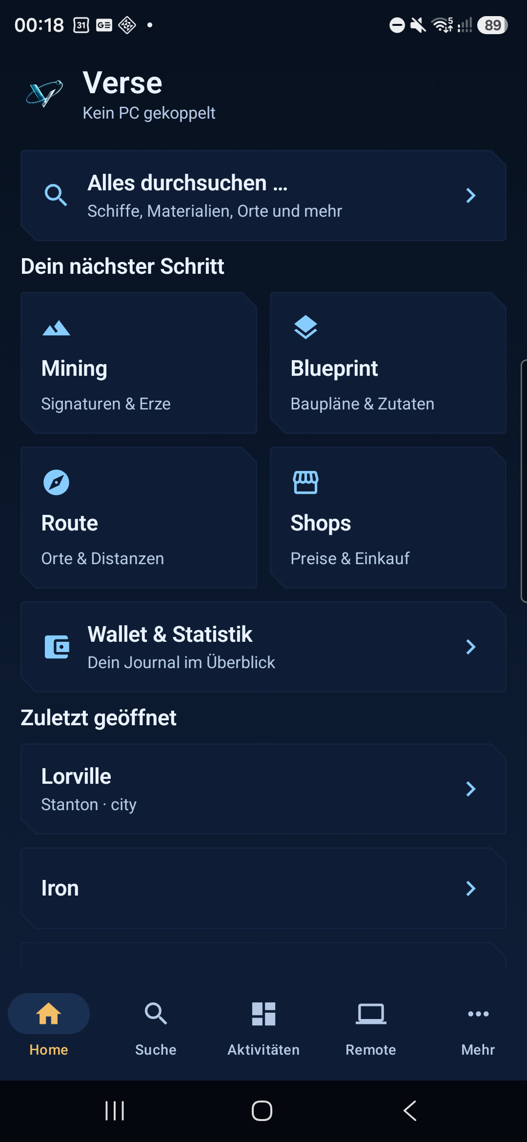 Verse: echte Android-Startseite mit Suche, Mining, Blueprints, Routen und Shops