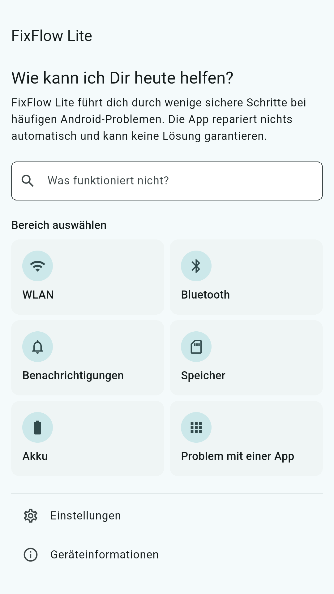 FixFlow Lite: echte Startseite mit lokaler Suche und sechs Hilfebereichen
