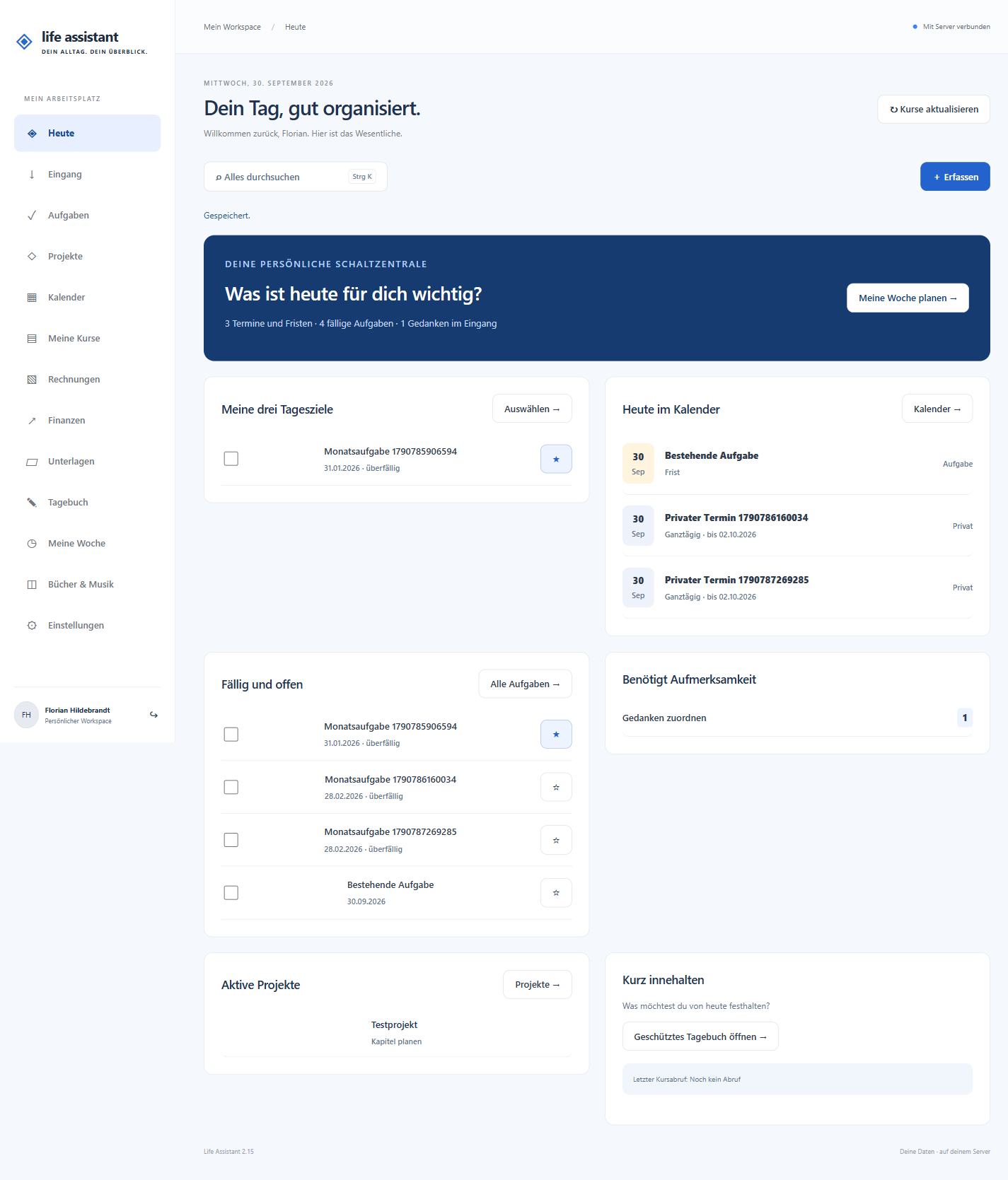 Life Assistant: Original-Workspace mit synthetischen Demo-Aufgaben und Terminen